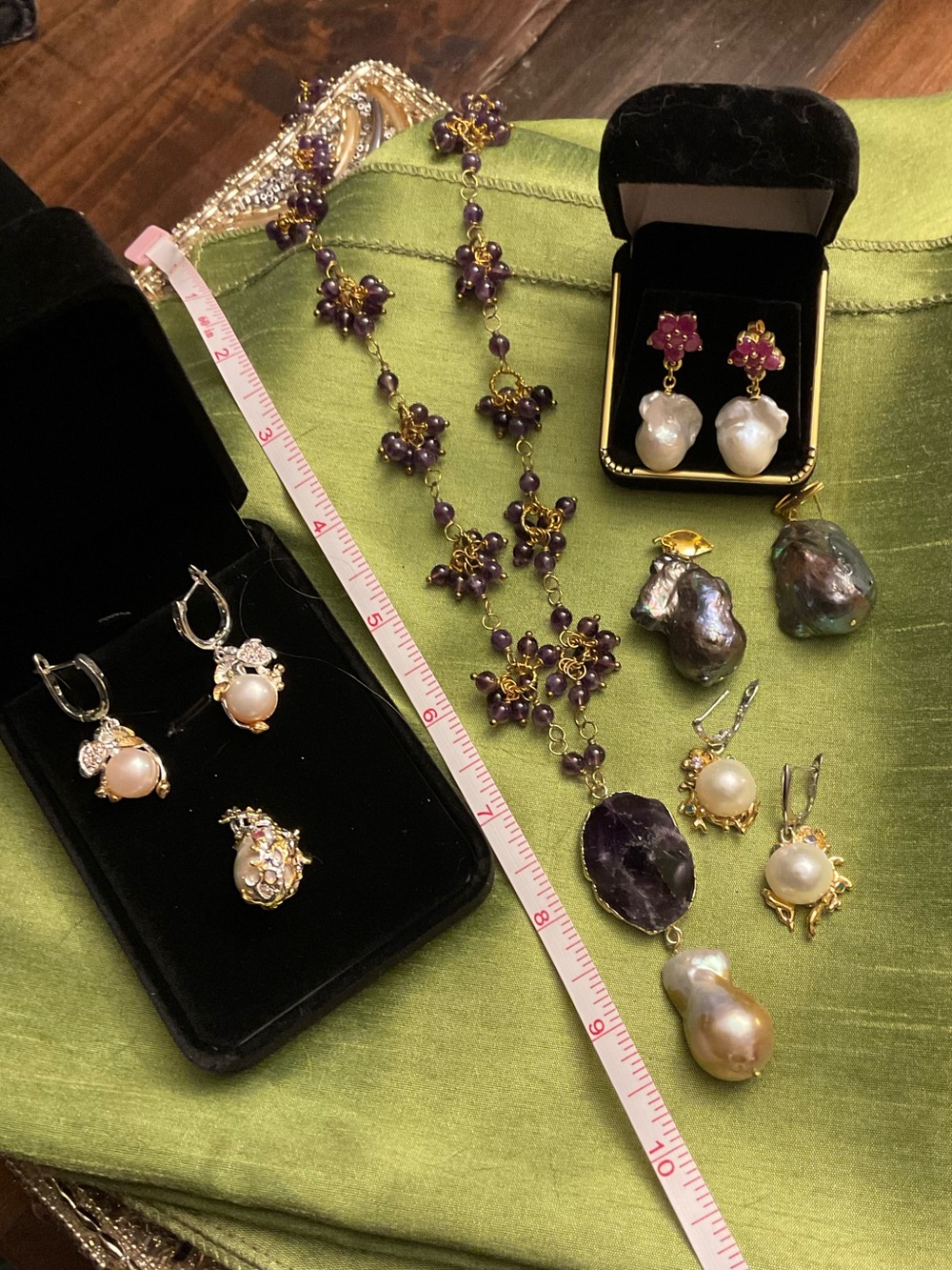 For Deborah to look at Amethyst Cluster Drop Earrings with White Baroque Pearls